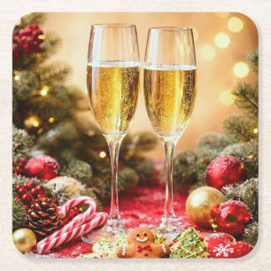 Cute Christmas Themed Cheers Champagne Flutes Square Paper Coaster