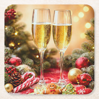 Cute Christmas Themed Cheers Champagne Flutes Square Paper Coaster