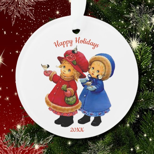 Cute Christmas Tots with Winter Birds Acrylic Ornament (Creator Uploaded)