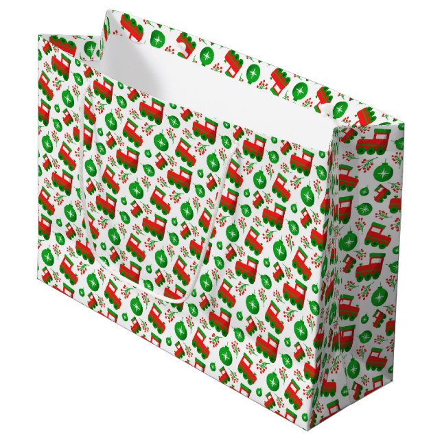 Cute Christmas Tractor, Berries, Ornament Pattern Large Gift Bag (Front Angled)