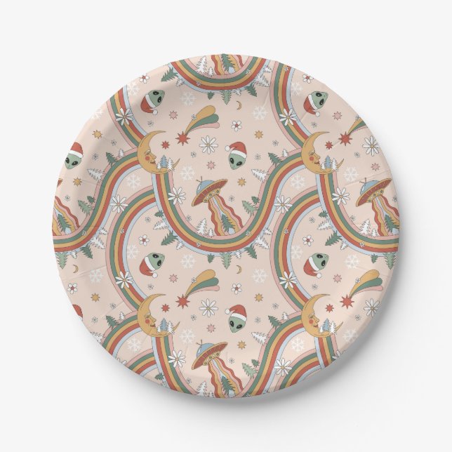 Cute Christmas Tree Alien Rainbow Holiday Pattern Paper Plate (Front)