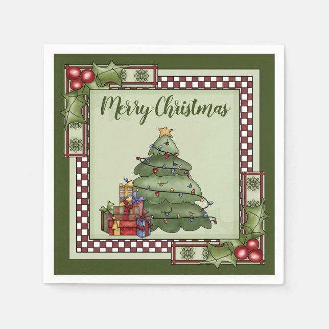 Cute Christmas Tree and Presents Merry Christmas Napkin (Front)