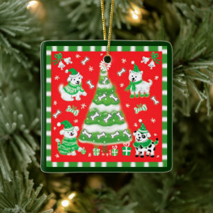 Cute Christmas Tree and Puppy Dogs with Bones Ceramic Ornament