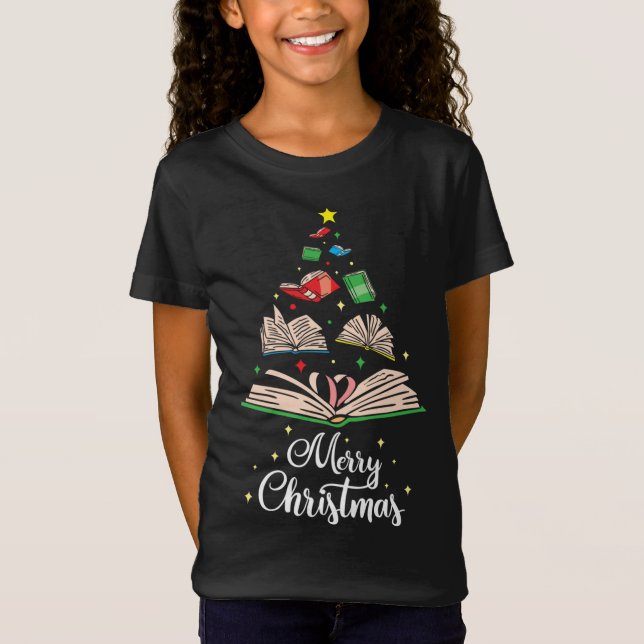 Cute Christmas Tree Books Clothing Book Lover Gift T-Shirt (Front)