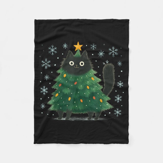 Cute Christmas Tree Cat Funny Holiday Snowflake  Fleece Blanket (Front)