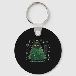 Cute Christmas Tree Cat Funny Holiday Snowflake Key Ring