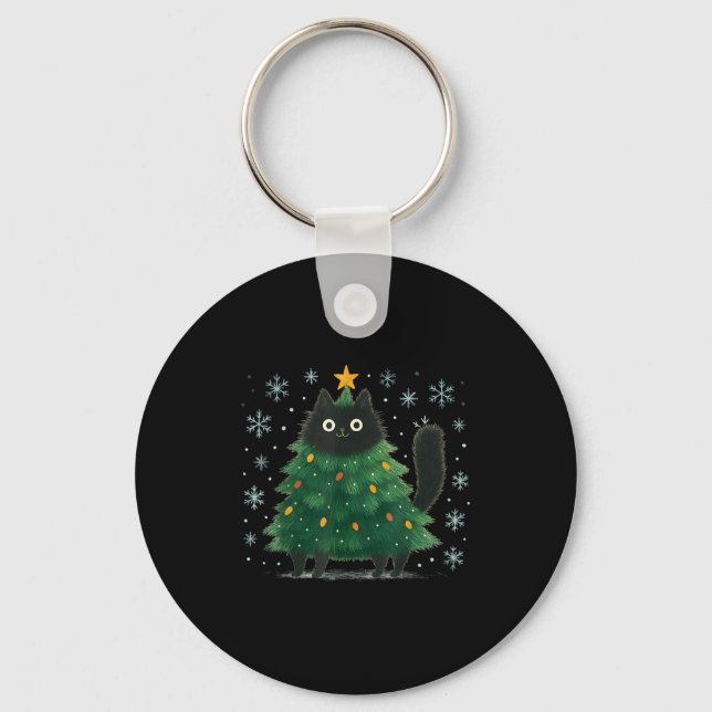 Cute Christmas Tree Cat Funny Holiday Snowflake  Key Ring (Front)
