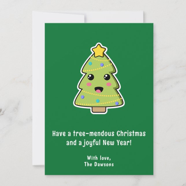 Cute Christmas Tree Funny Tree-mendous Green Flat Holiday Card (Front)