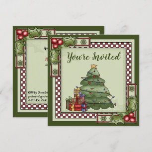 Cute Christmas Tree, Gifts and Holly Holiday Party Invitation