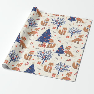 Cute Christmas Tree Gifts Stars Fox Blue Red White Wrapping Paper