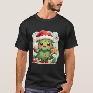 Cute Christmas Tree Gingerbread Santa Hat Festive T-Shirt