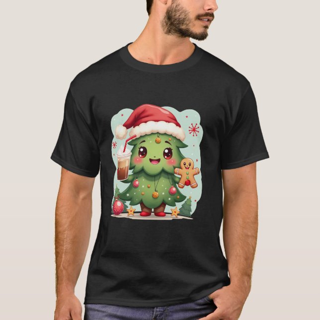 Cute Christmas Tree Gingerbread Santa Hat Festive  T-Shirt (Front)