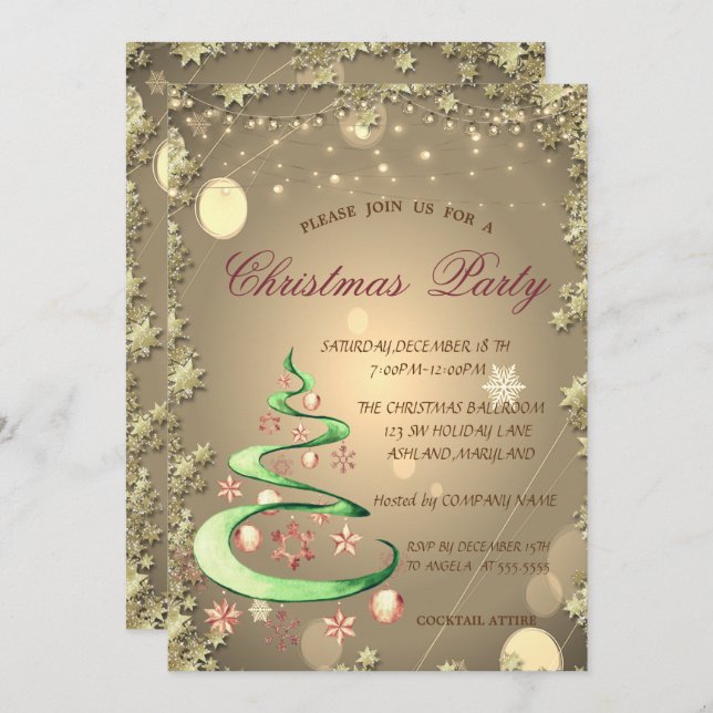 Cute Christmas Tree Gold Stars Christmas Invitation (Front/Back)