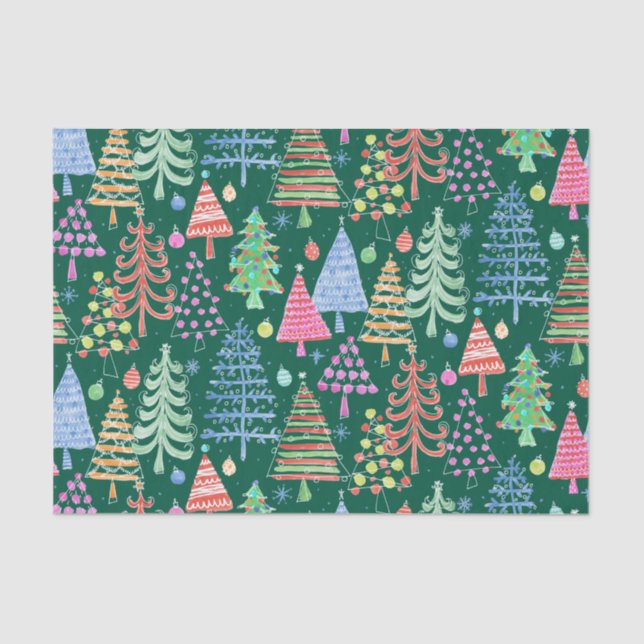 Cute Christmas Tree Green Red Orange Pattern Tissue Paper (Front)