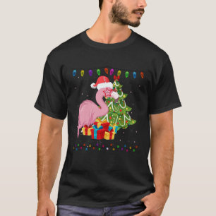 Cute Christmas Tree Lights Santa Hat Pink Flamingo T-Shirt