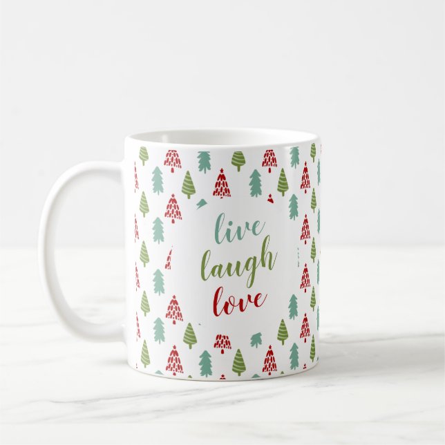 Cute Christmas Tree Live Laugh Love Personalised Coffee Mug (Left)
