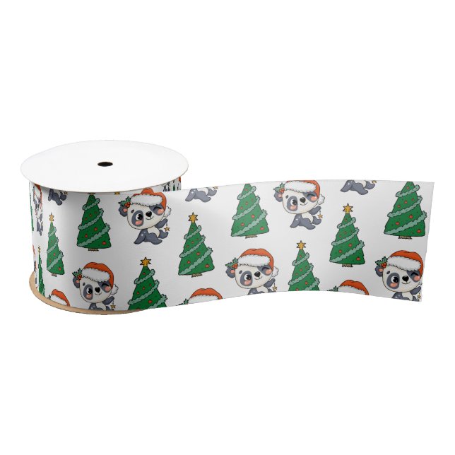 Cute Christmas Tree Panda Red Santa Hat Satin Ribbon (Spool)