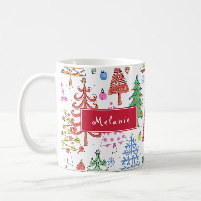 Cute Christmas Tree Pattern with Name Coffee Mug (Left)