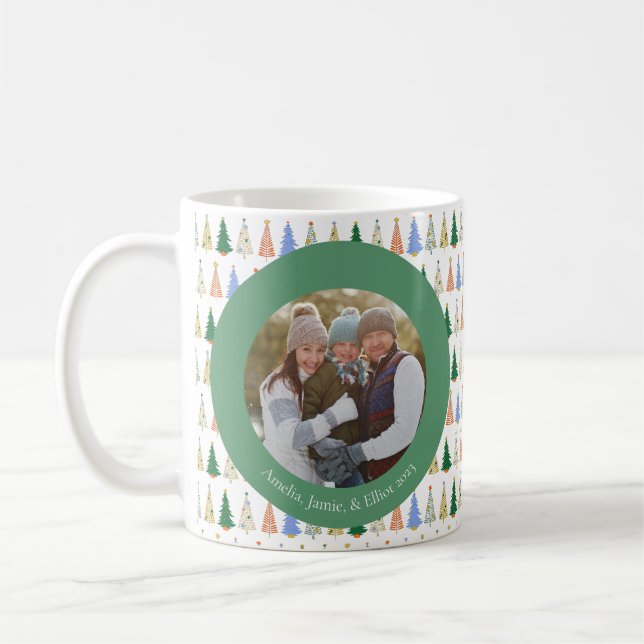 Cute Christmas Tree Red Green Family Custom Photo Coffee Mug (Left)