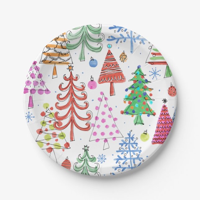 Cute Christmas Tree Red Green Pink Blue Pattern Paper Plate (Front)