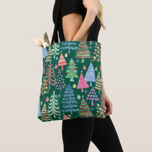 Cute Christmas Tree Red Pink Blue on Green Pattern Tote Bag