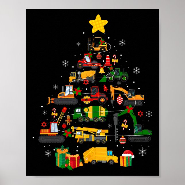 Cute Christmas Tree Santa Hat Construction Excavat Poster (Front)