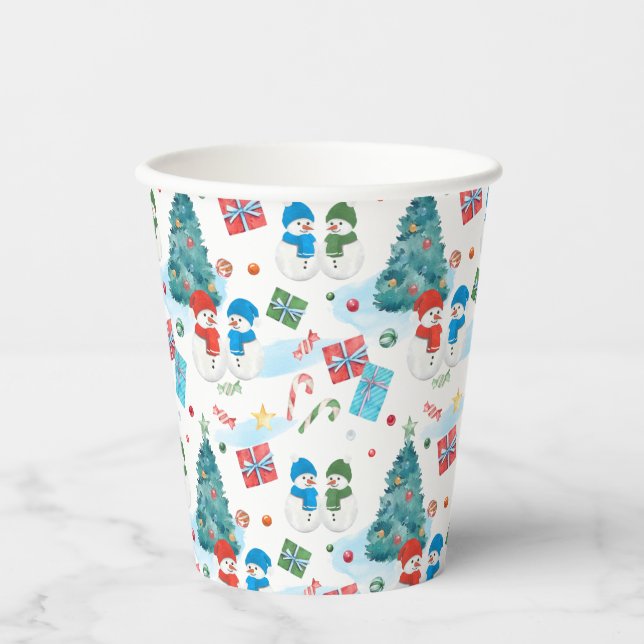 Cute Christmas Tree, Snowman, Gifts, Candy Pattern Paper Cups (Front)