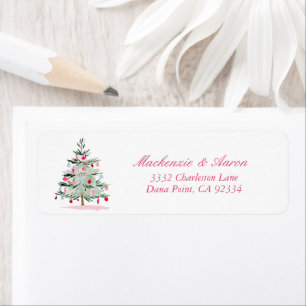 Cute Christmas Tree Watercolor Pink Return Address