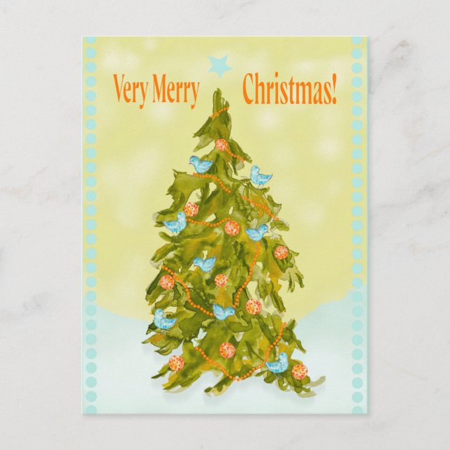 Cute Christmas Tree with Blue Birds Postcard (Front)