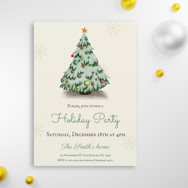 Cute Christmas Tree with Ornaments Holiday Party Invitation (Creator Uploaded)