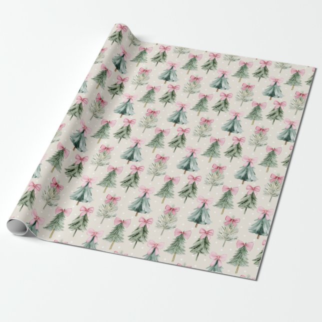 Cute Christmas Trees And Bows Wrapping Paper (Unrolled)