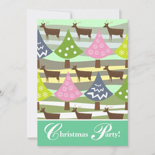 Cute Christmas Trees And Deer Holiday Invitation (Front)