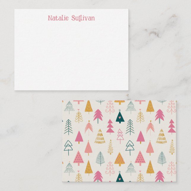 Cute Christmas Trees Blush Pink Pattern Name Card (Front/Back)