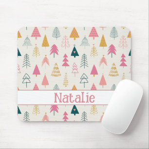 Cute Christmas Trees Blush Pink Pattern Name Mouse Pad