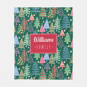 Cute Christmas Trees on Green Family Name Fleece Blanket