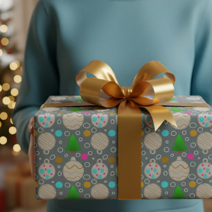 Cute Christmas Trees & Ornaments On Silver Wrapping Paper