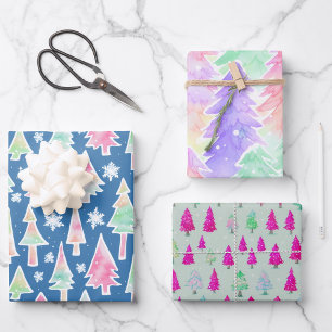 cute christmas trees pattern pastel colours wrapping paper sheet