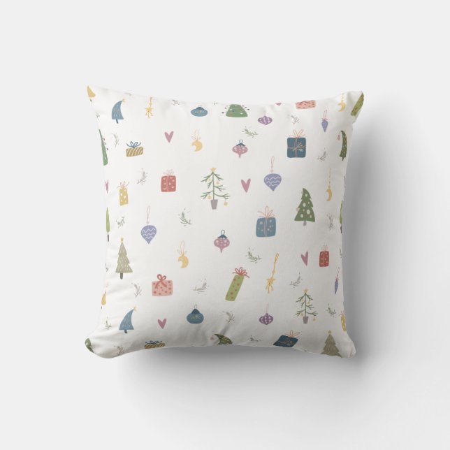 Cute Christmas Trees Presents Ornaments Pattern Cushion (Front)