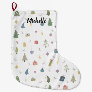 Cute Christmas Trees Presents Ornaments Pattern Large Christmas Stocking
