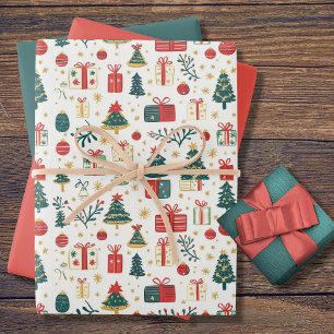Cute Christmas Trees Presents Retro Pattern Wrapping Paper Sheet