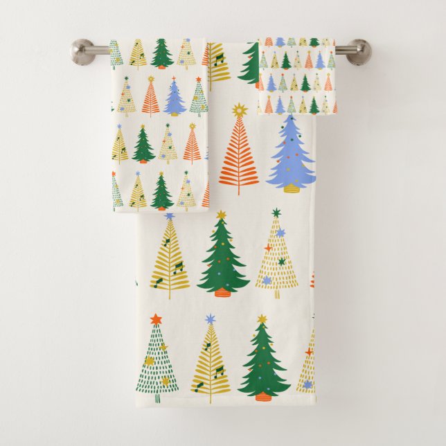 Cute Christmas Trees Red Green Boho  Bath Towel Set (Insitu)