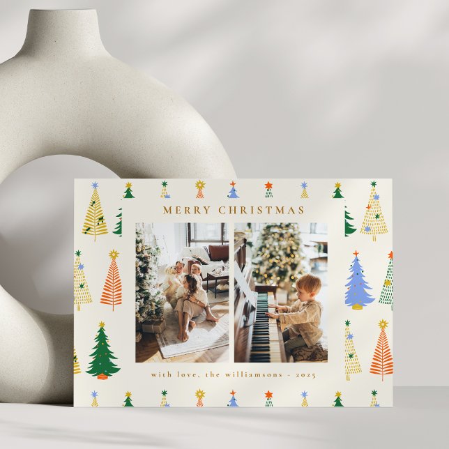 Cute Christmas Trees Red Green Boho Three Photo Holiday Card (Creator Uploaded)