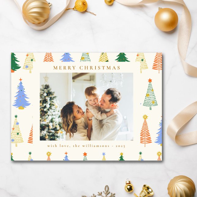 Cute Christmas Trees Red Green Boho Two Photo Holiday Card (Creator Uploaded)