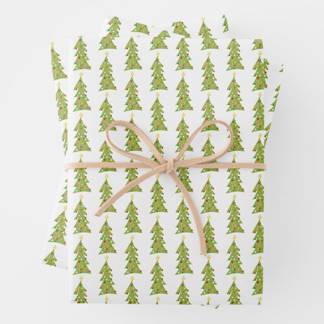 Cute Christmas Trees Retro Holiday Pattern Gift Wrapping Paper Sheet (In situ)