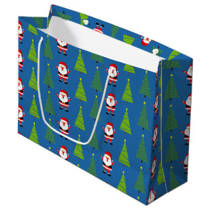 Cute Christmas Trees & Santa Claus Pattern Blue Large Gift Bag