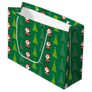 Cute Christmas Trees & Santa Claus Pattern Green Large Gift Bag