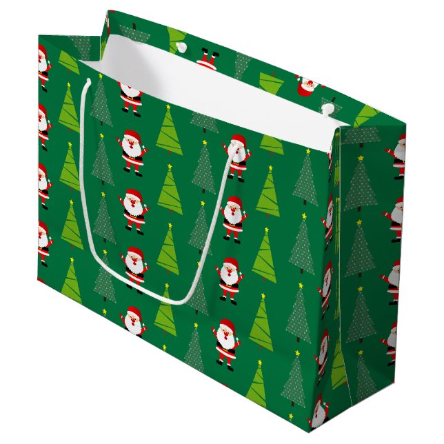Cute Christmas Trees & Santa Claus Pattern Green Large Gift Bag (Front Angled)