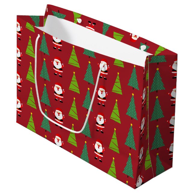 Cute Christmas Trees & Santa Claus Pattern Red Large Gift Bag (Front Angled)