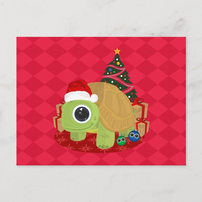 Cute Christmas Turtle on Festive Red Diamond Postcard (Front)