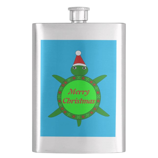 Cute Christmas Turtle with Flowery Shell Custom Hip Flask (Front)